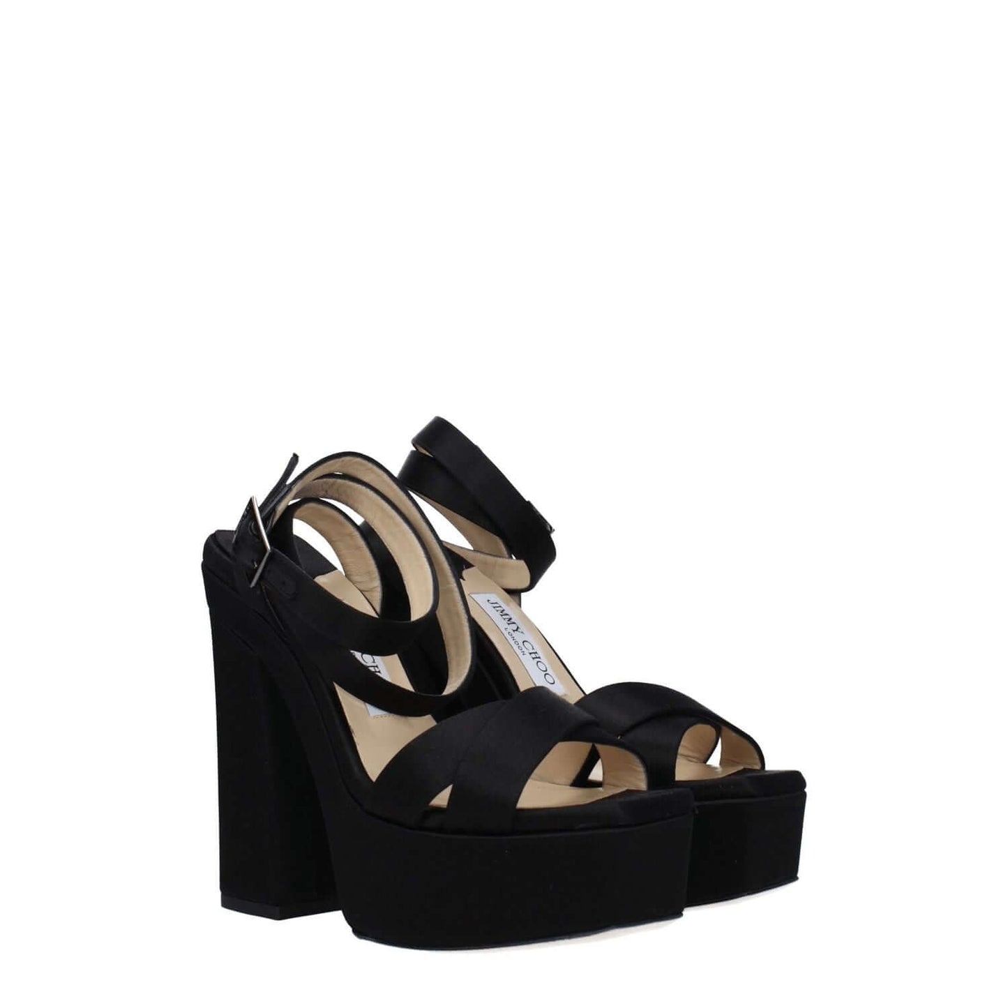 Jimmy Choo Black Satin Platform Sandals with high heel, open toe, and gold buckle closure. Fashionable casual footwear with leather sole.