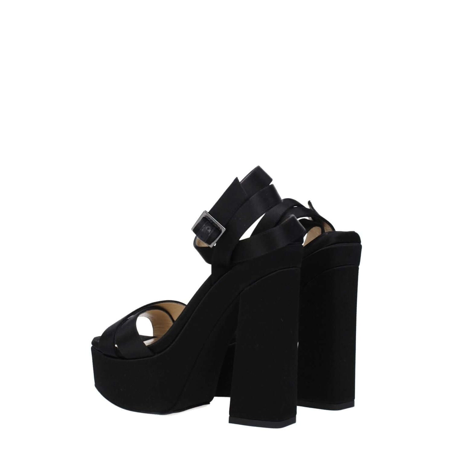 Jimmy Choo Black Satin Platform Sandals with high heel, buckle closure, and leather sole.