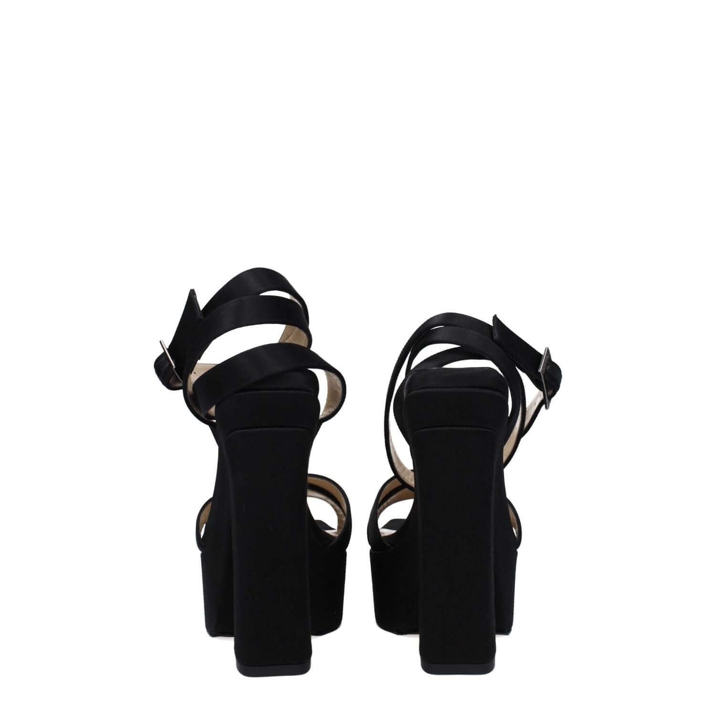 Jimmy Choo Black Satin Platform Sandals with high heels and buckle closure, featuring an open toe design and leather sole.