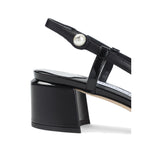 Jimmy Choo Elisa Sling Back 45 Patent and Nappa Leather Pumps with black slingback strap, pearl button fastening, and low block heel.