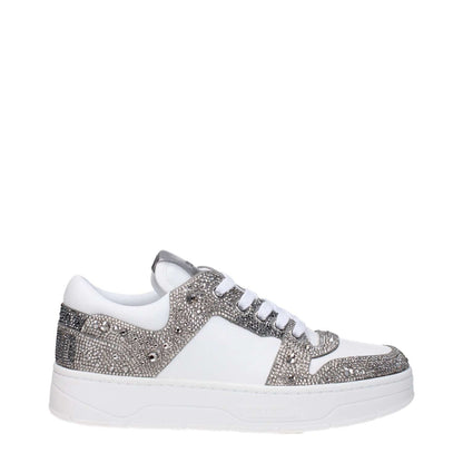 Jimmy Choo White Leather Chunky Sneakers with rhinestone accents, silver details, and lace-up closure, featuring front and side logos.