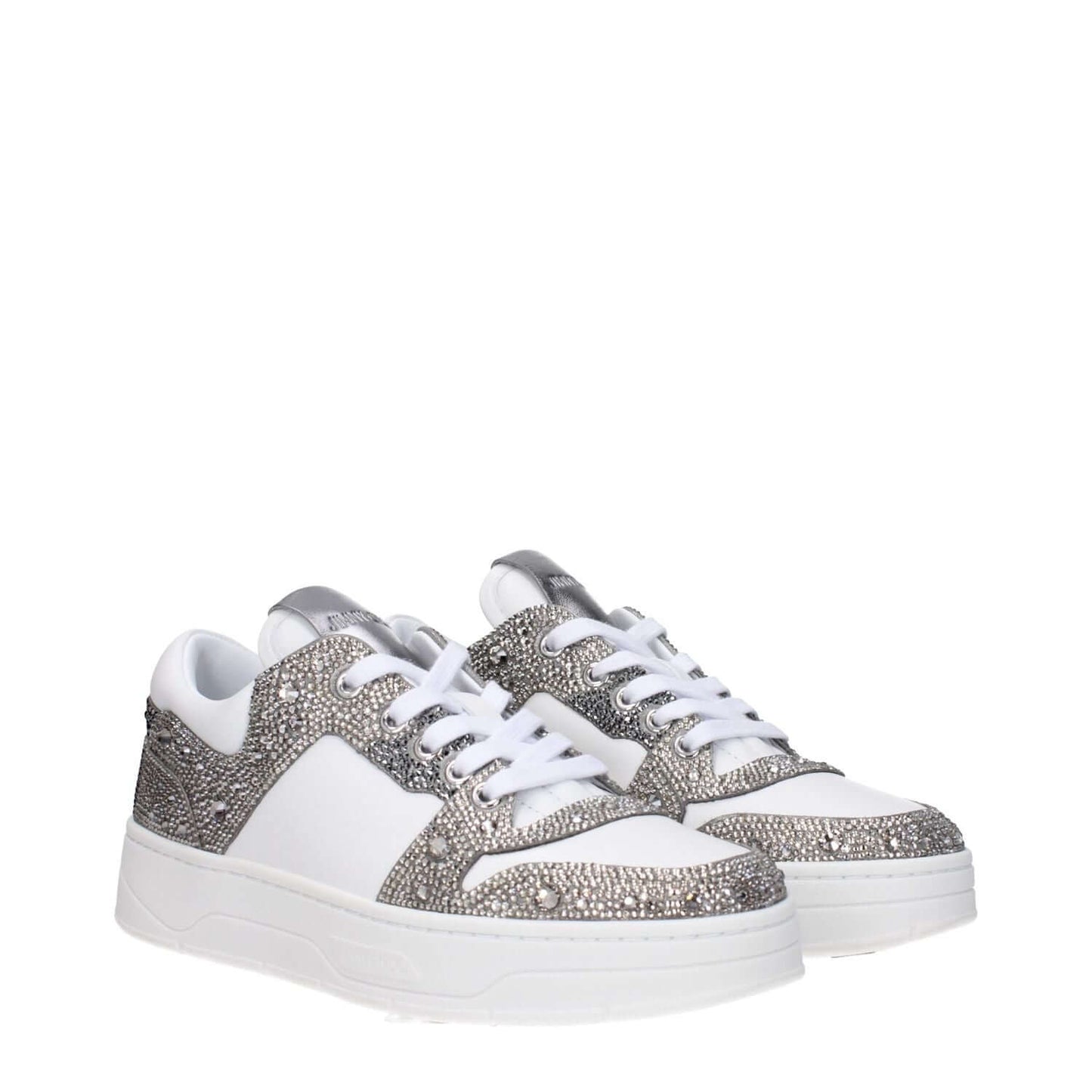 Jimmy Choo White Leather Chunky Sneakers with rhinestone details, lace-up closure, and rubber sole, featuring side, front, and back logos.