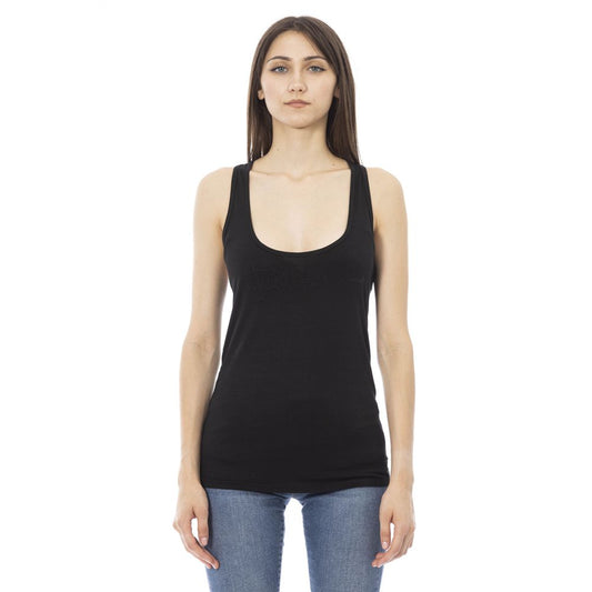 Just Cavalli Black Viscose Women Top with rhinestone logo on front, sleeveless design, model wearing, showcasing stylish fashion.
