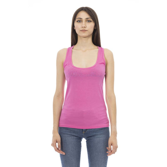 Just Cavalli Multicolor Viscose Women Top - Pink tank top with rhinestone logo and round neck, stylish casual wear