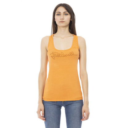 Model wearing Just Cavalli Orange Viscose Women's Top with rhinestone detail and round neck.