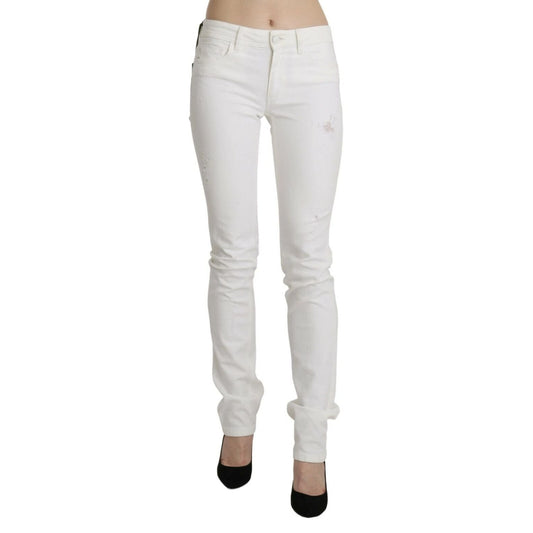 Just Cavalli White Cotton Slim Fit Mid Waist Skinny Trouser Jeans with dirt details, featuring zipper and button fly.