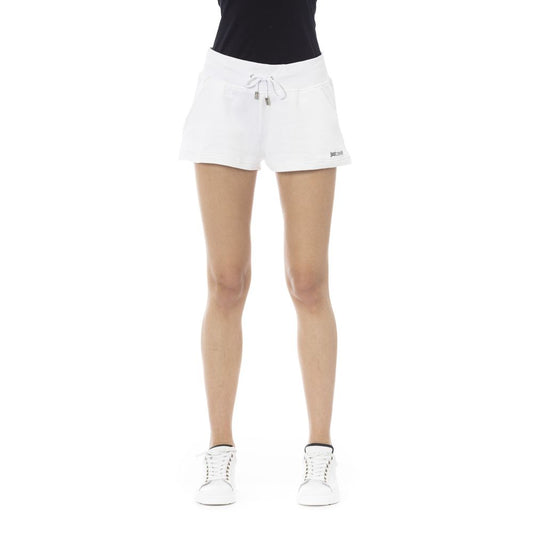 Just Cavalli White Cotton Women's Sweatshorts with elastic waist and drawstring, featuring iconic logo and side pockets for stylish comfort.