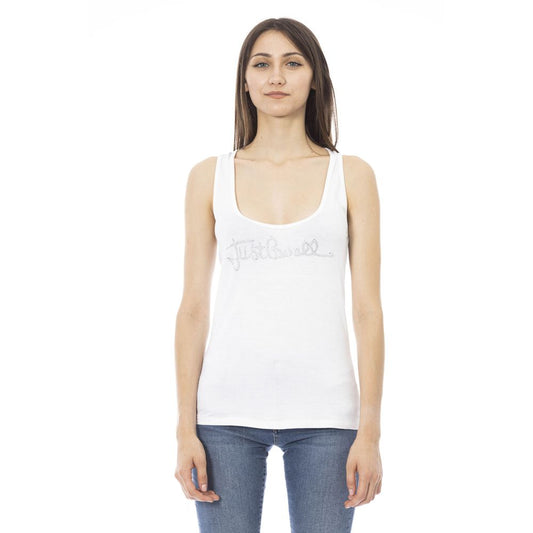 Just Cavalli White Viscose Women Top with rhinestone logo, chic design, round neck, showcasing bold sophistication, worn by model.