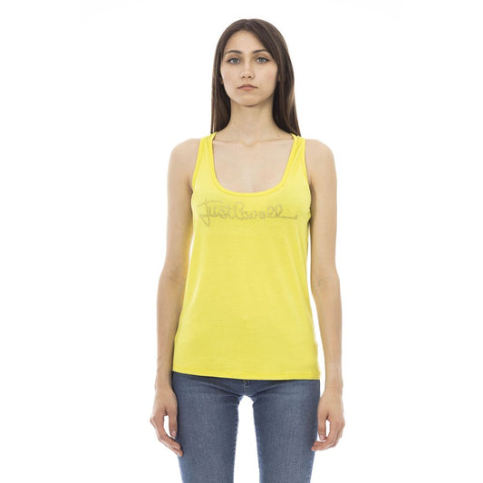 Just Cavalli Yellow Viscose Women Top with rhinestone logo, round neck, worn by model against white background, showcasing elegant fashion style.