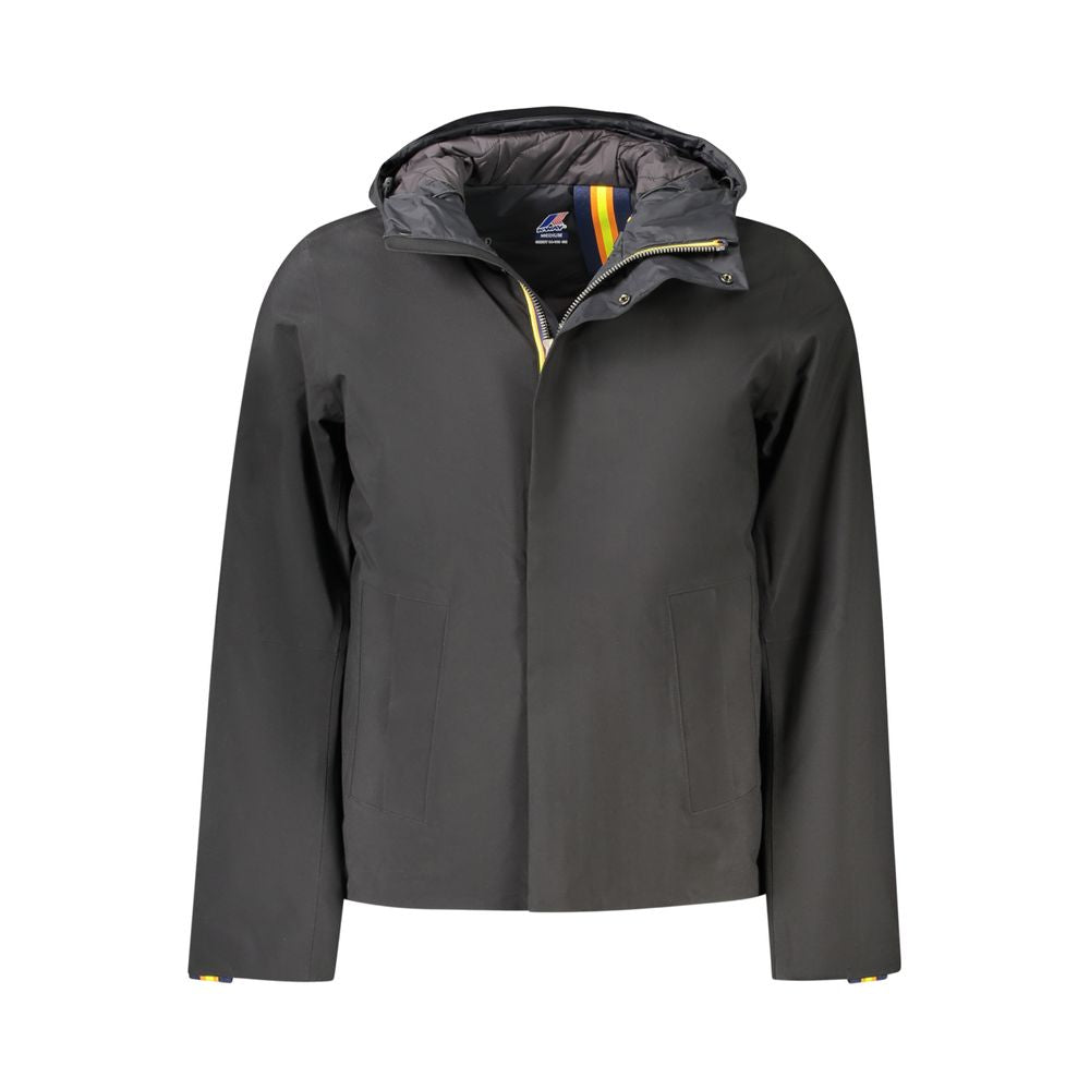 K-WAY Black Polyester Men Jacket with double padding and practical pockets; luxury outerwear for discerning taste.