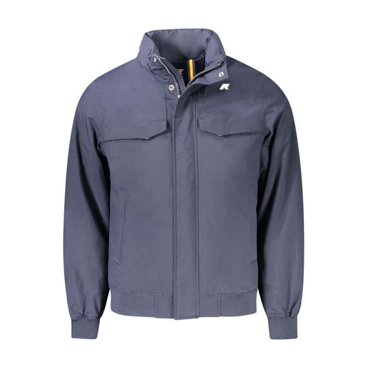 K-WAY Blue Polyamide Men Jacket with removable hood and pockets, perfect for style and warmth. Features button and zip fastening.