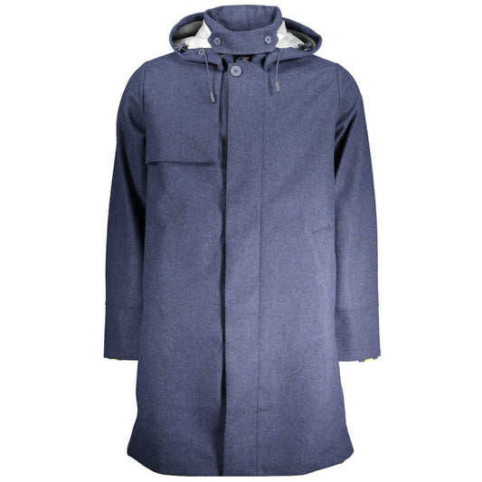 Alt Tag: K-WAY Blue Polyester Men's Jacket with removable hood and press button closure for urban style