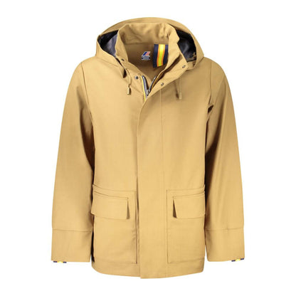 Yellow hooded jacket with pockets and zip closure on white background