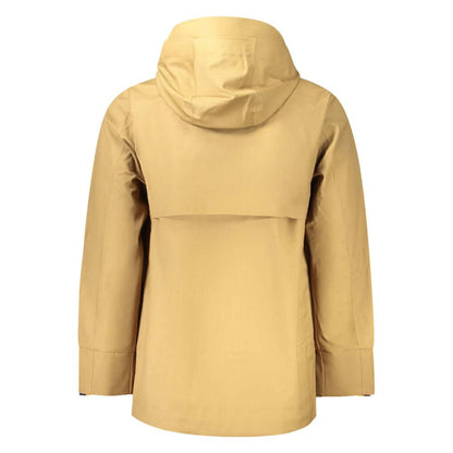 Rear view of yellow waterproof jacket with hood.