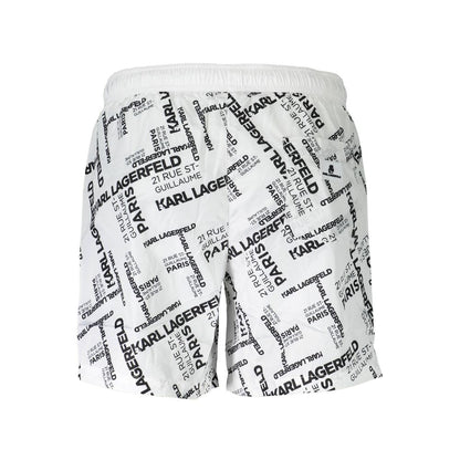 Karl Lagerfeld White Polyester Swimwear medium swim boxer with 2 pockets, 1 back pocket, inside slip, laces, and logo design.