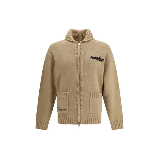 Kenzo Futura zippered Cardigan with shawl collar and graffiti style Kenzo Paris lettering on beige knitted wool.