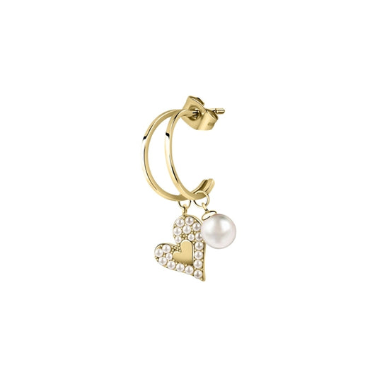 Elegant gold hoop earring with crystal heart and pearl charm from LA PETITE STORY JEWELRY Mod. LPS02AQM38