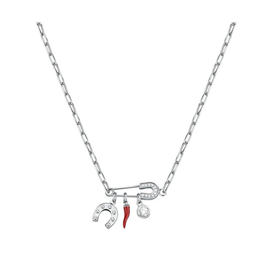 Silver necklace with charms, featuring LA PETITE STORY JEWELRY Mod. LPS10ARR02 design, including horseshoe and red chili pepper pendants.