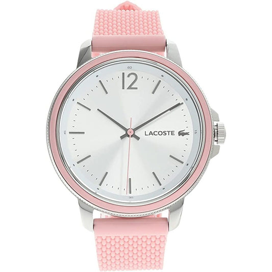 LACOSTE Mod. 2001201 Lady's quartz analog watch with pink bracelet, multifunctional mineral dial, and official box, water-resistant 5 ATM.