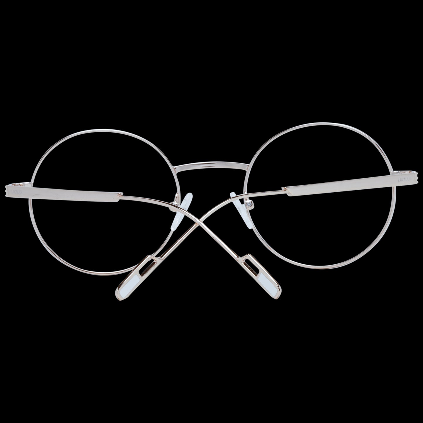 Round eyeglasses with thin metal frames against a black background