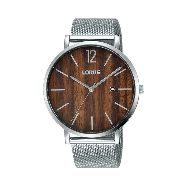 LORUS Mod. DRESS wristwatch with wood dial, stainless steel mesh strap, 42mm case, quartz movement. Water resistant 3 ATM.