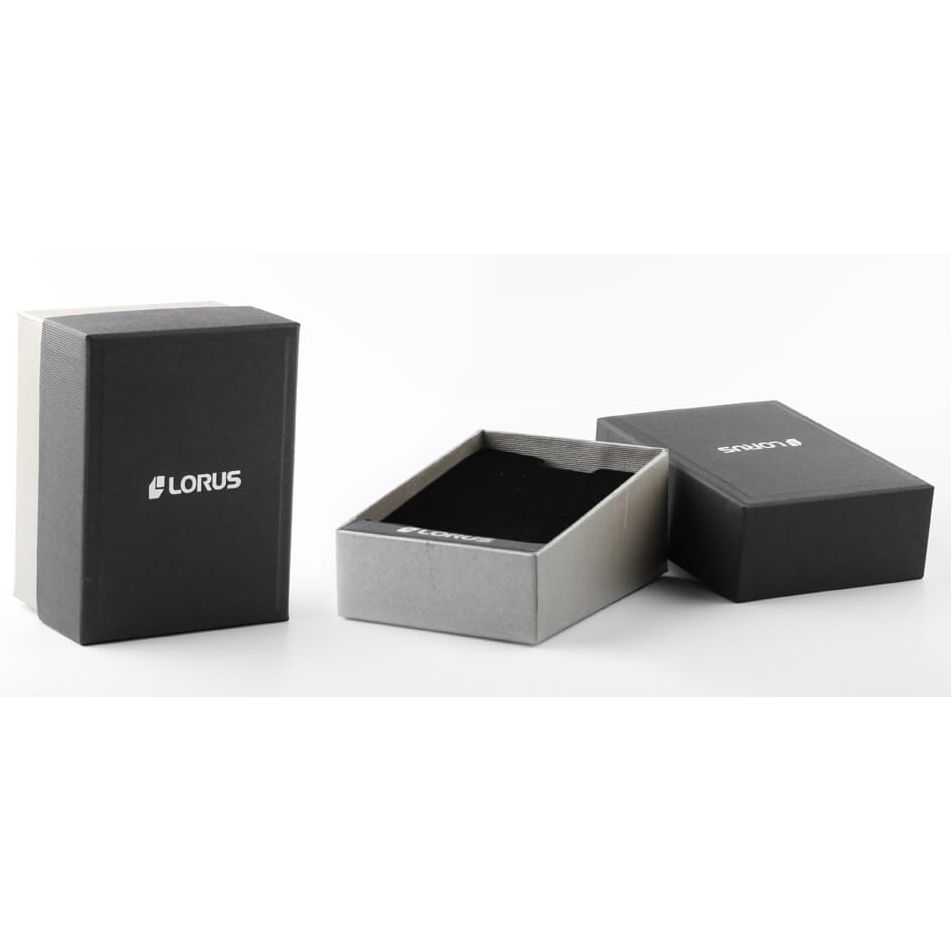 Official packaging box for LORUS Mod. DRESS wristwatch, featuring elegant black and grey design.