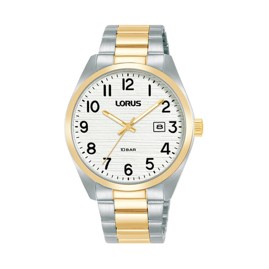 LORUS WATCHES Mod. RH912RX9 with silver and gold design, white dial, and date display, ideal for stylish timekeeping.