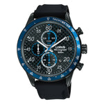 LORUS WATCHES Mod. RM337EX9, Gent's chronograph wristwatch with black leather strap, 45 mm SS IP case, water resistant to 10 ATM.