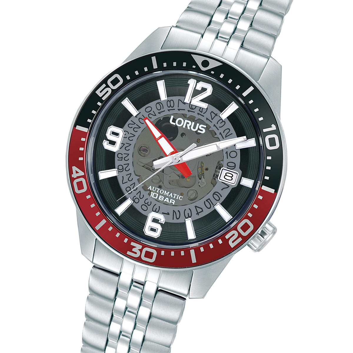 LORUS WATCHES Mod. RU413AX9 with a silver stainless steel band and dual-color bezel displaying time and date features.