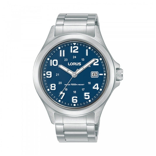 LORUS WATCHES Mod. RXH45KX9, silver stainless steel wristwatch with blue dial, featuring date display and luminous hands.