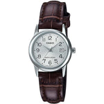 Alt Tag: CASIO COLLECTION Mod. LADY DATE SILVER. LEATHER - ARGENTEE with brown leather strap and silver dial, 3 ATM water resistant.