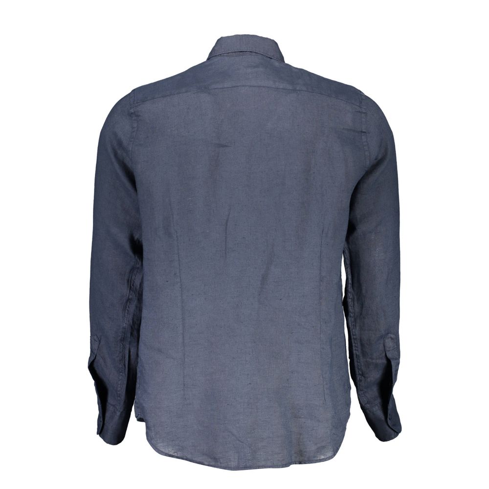 Back view of La Martina Blue Linen Men Shirt showcasing premium linen fabric and sophisticated design.