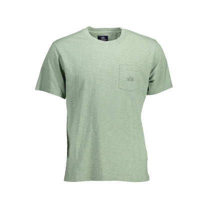 La Martina Green Cotton Men T-Shirt with crew neck, short sleeves, and logo embroidery on pocket.
