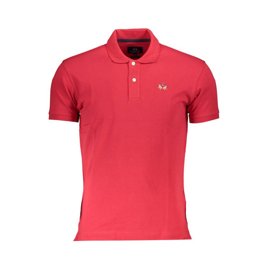 La Martina Red Cotton Men Polo Shirt with short sleeves and iconic embroidery.