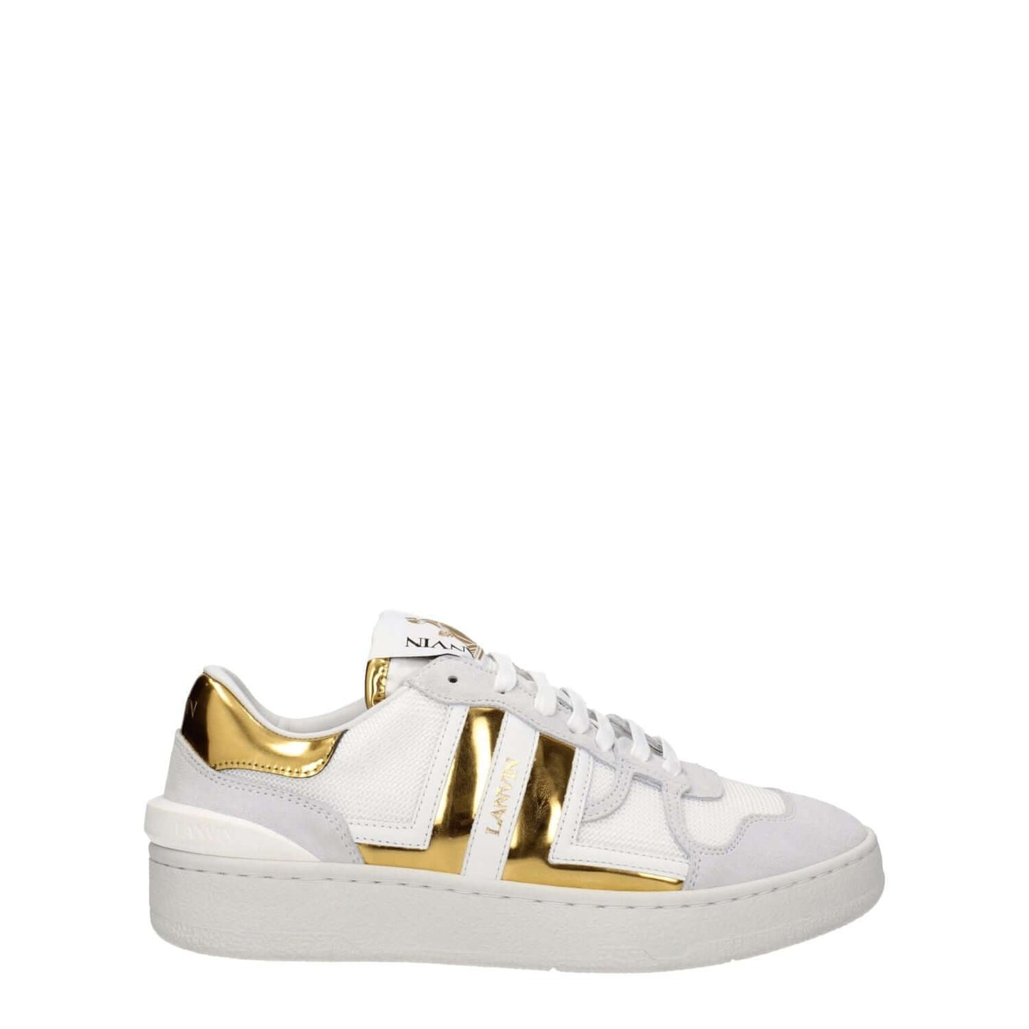 Lanvin White Fabric Low Top Sneakers with gold accents and lace-up closure