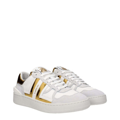 Lanvin White Fabric Low Top Sneakers with gold accents, lace-up closure, and rubber sole, featuring front and back logos, round toe design.