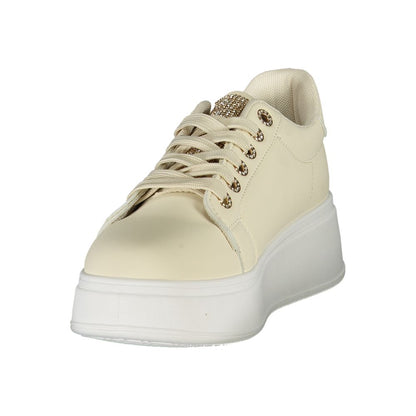 Laura Biagiotti Beige Polyester Women Sneaker with rhinestone detail and 4 cm wedge for a chic sporty look.