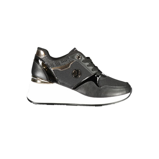 Alt Tag: Laura Biagiotti Black Synthetic Women Sneaker with a sleek black design, contrasting details, and a 4 cm heel for stylish comfort.