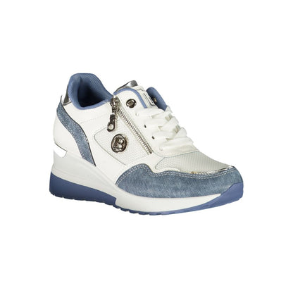 Laura Biagiotti Blue Synthetic Women Sneaker with lace-up and side zip design, featuring intricate embroidery and logo on a white and blue background.
