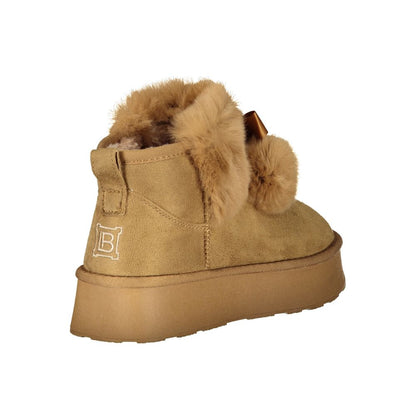 Laura Biagiotti Brown Polyester Women Boot with fur trim and logo, showcasing winter chic style and comfort.