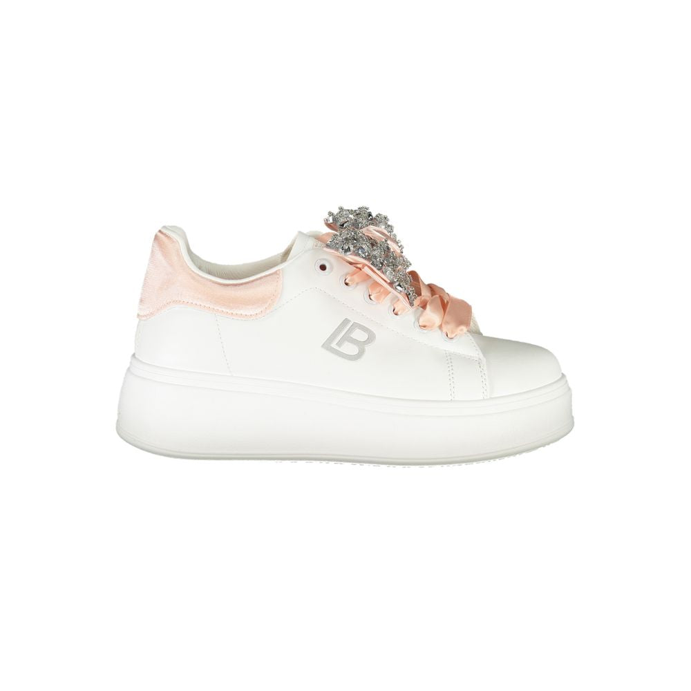 Laura Biagiotti White Synthetic Women Sneaker with rhinestones and luxury design, featuring a 4cm wedge and iconic logo.