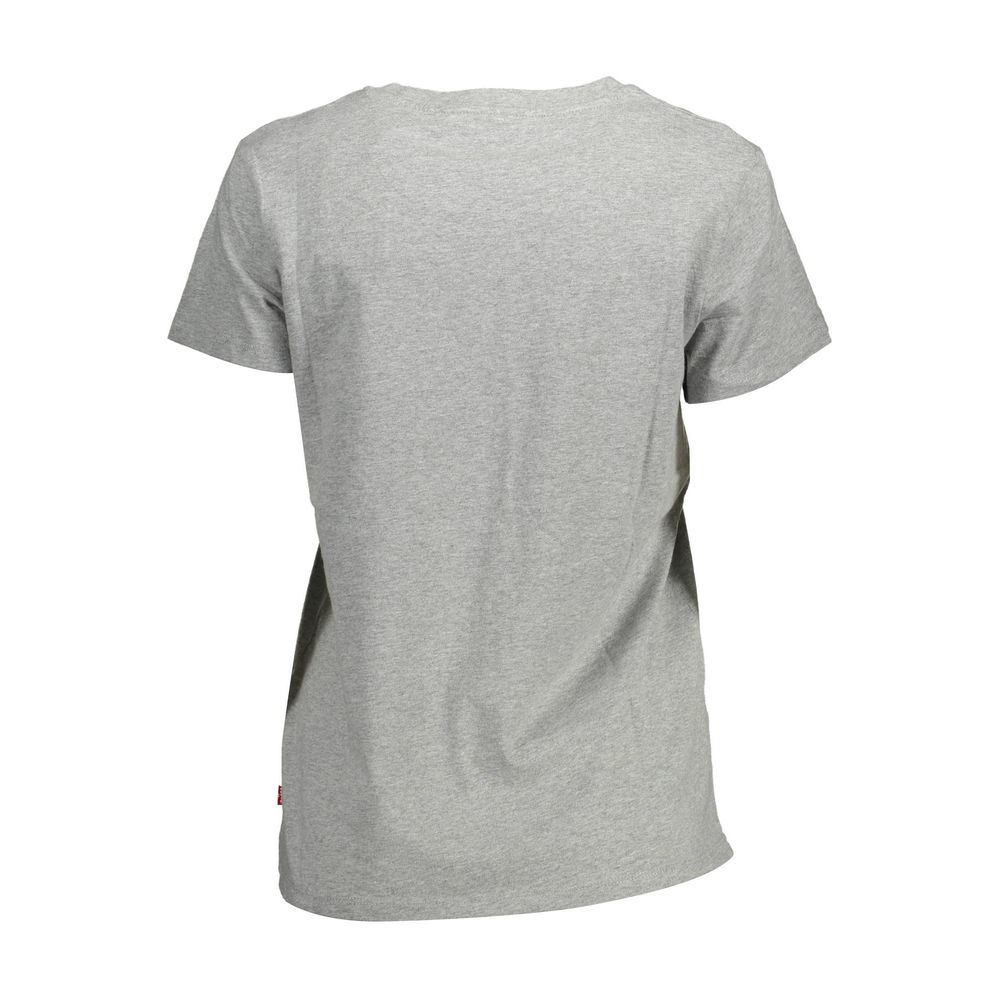 Back view of a gray cotton women's T-shirt featuring short sleeves and a classic round neck.