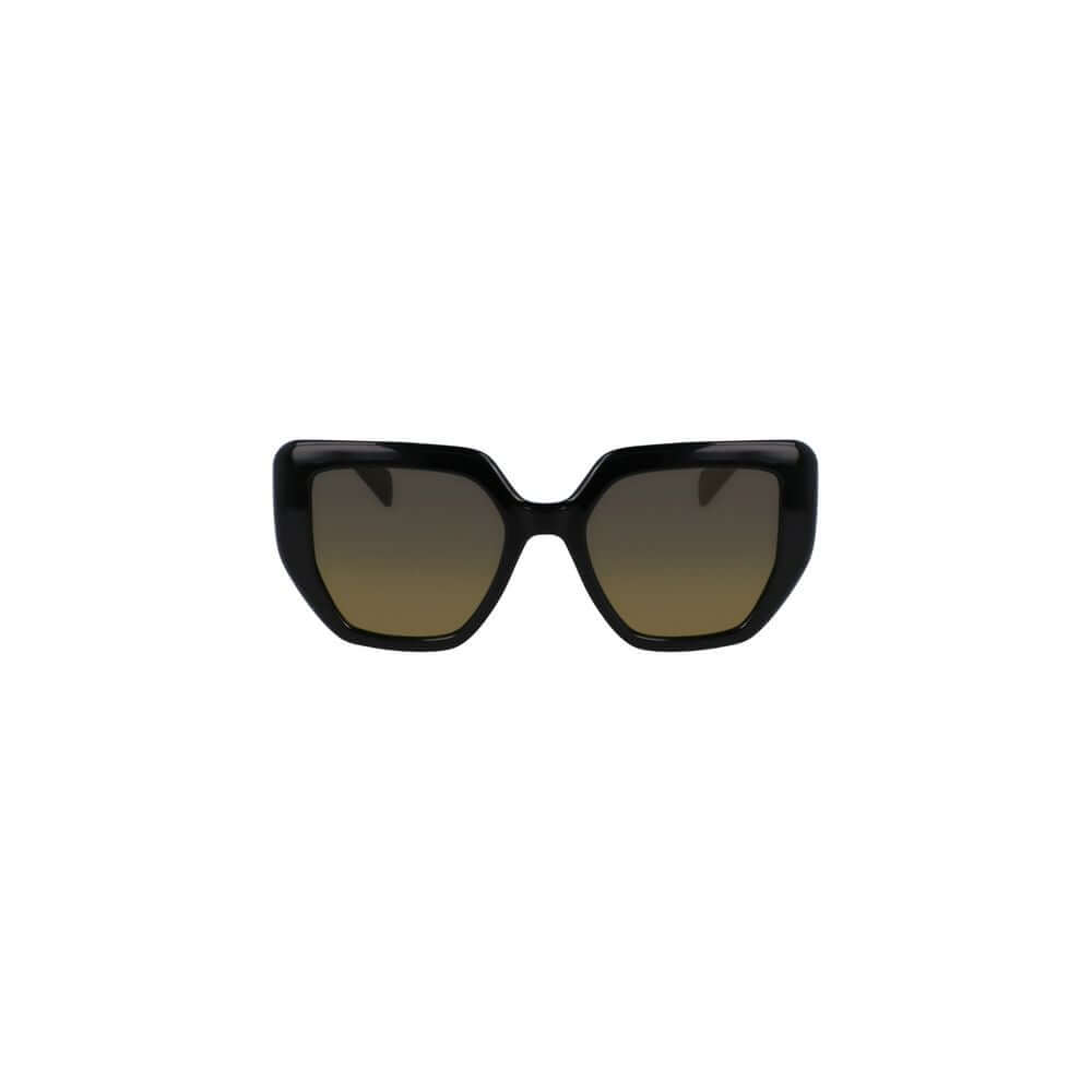 Front view of Liu Jo Black Bio Injected Women Sunglasses with square yellow-tinted lenses and black eco-friendly frame.
