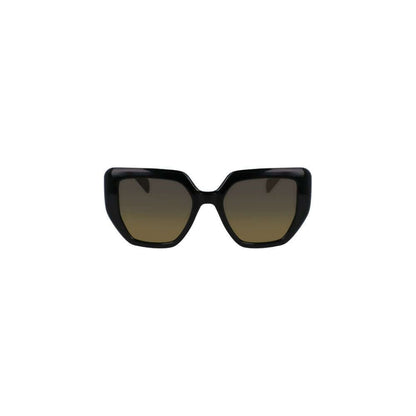 Front view of Liu Jo Black Bio Injected Women Sunglasses with square yellow-tinted lenses and black eco-friendly frame.
