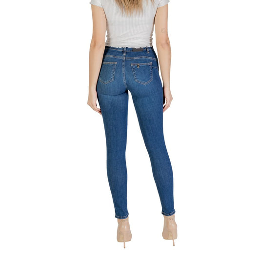 Back view of Liu Jo Blue Cotton Skinny Jean showcasing fit on woman, emphasizing sleek line and high waist design.