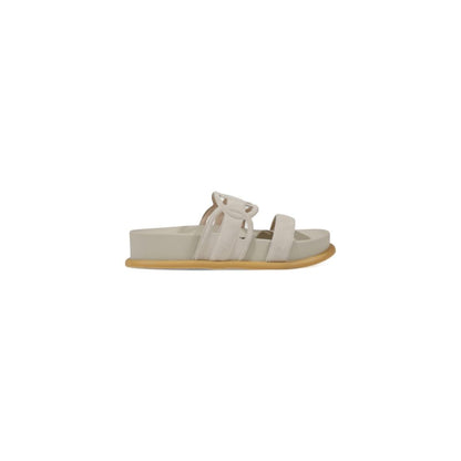 Liu Jo Gray Leather Flat Sandals with minimalist design and double strap, perfect for casual or chic summer styles, side view image.