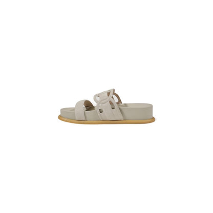 Liu Jo Gray Leather Flat Sandals with decorative side detail and double strap, crafted from high-quality bovine leather.