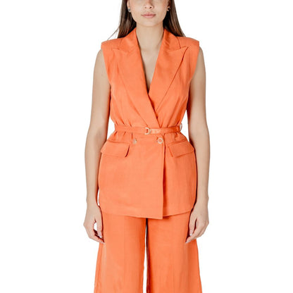 Woman wearing Liu Jo Orange Lyocell Waistcoat with belt and double-breasted closure, showcasing elegant and modern design.
