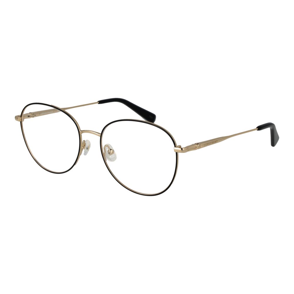 Longchamp Black Women Glasses Frame, black metal full-rim butterfly style with demo lenses, size 54-16-140, includes branded case.