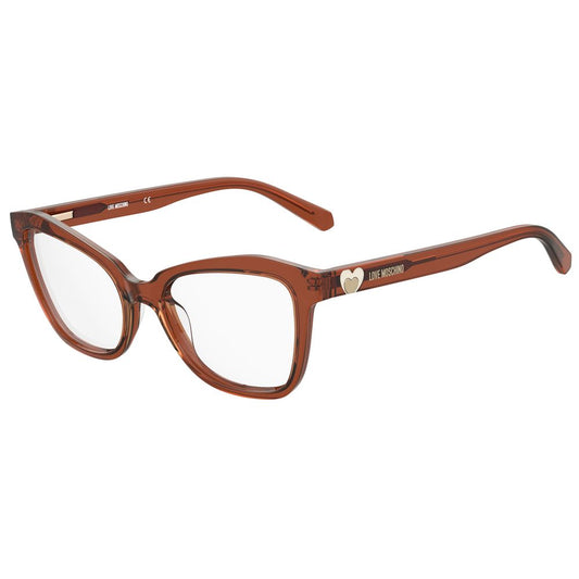 Love Moschino Yellow Acetate Frames for women in ocher color, size 52/18/140 mm, featuring stylish design and durable acetate material.
